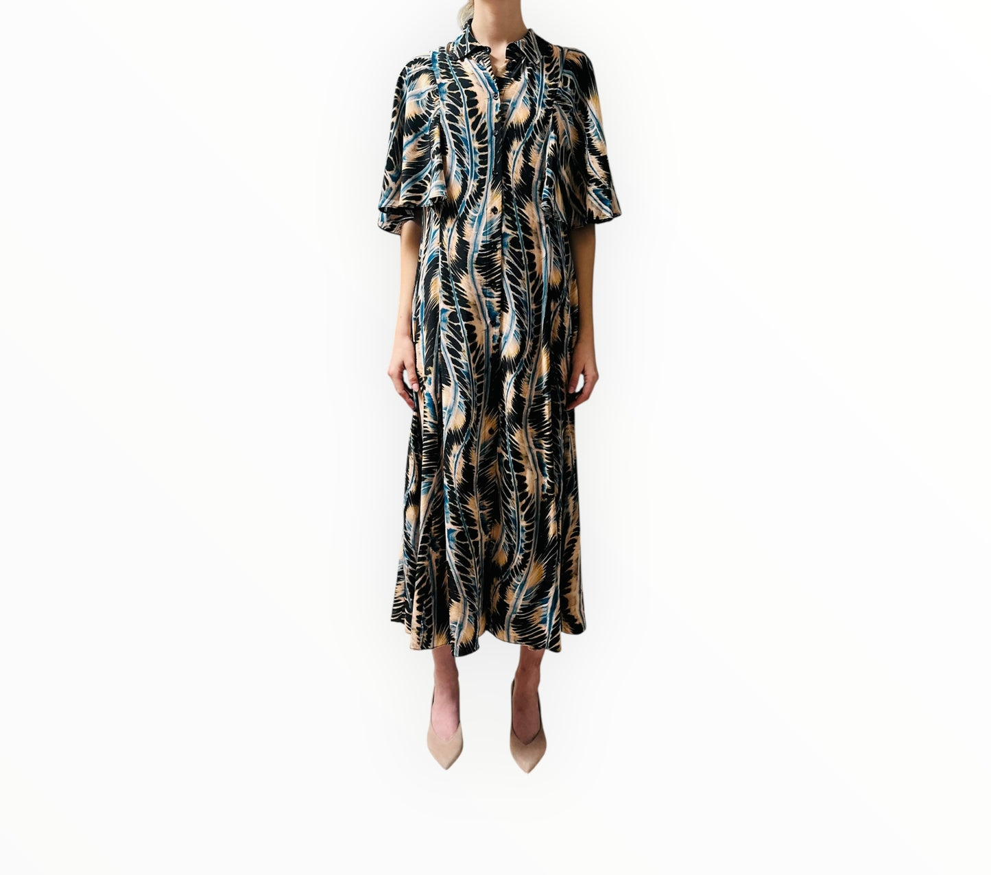 Ulla Johnson River Waves Button-Front Silk Dress - Black/Blue/Beige - Size Au10