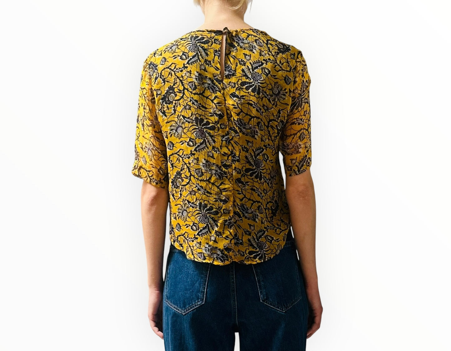 Isabel Marant Etoile Silk Sheer Sleeve Top - Yellow/Navy - Size 38