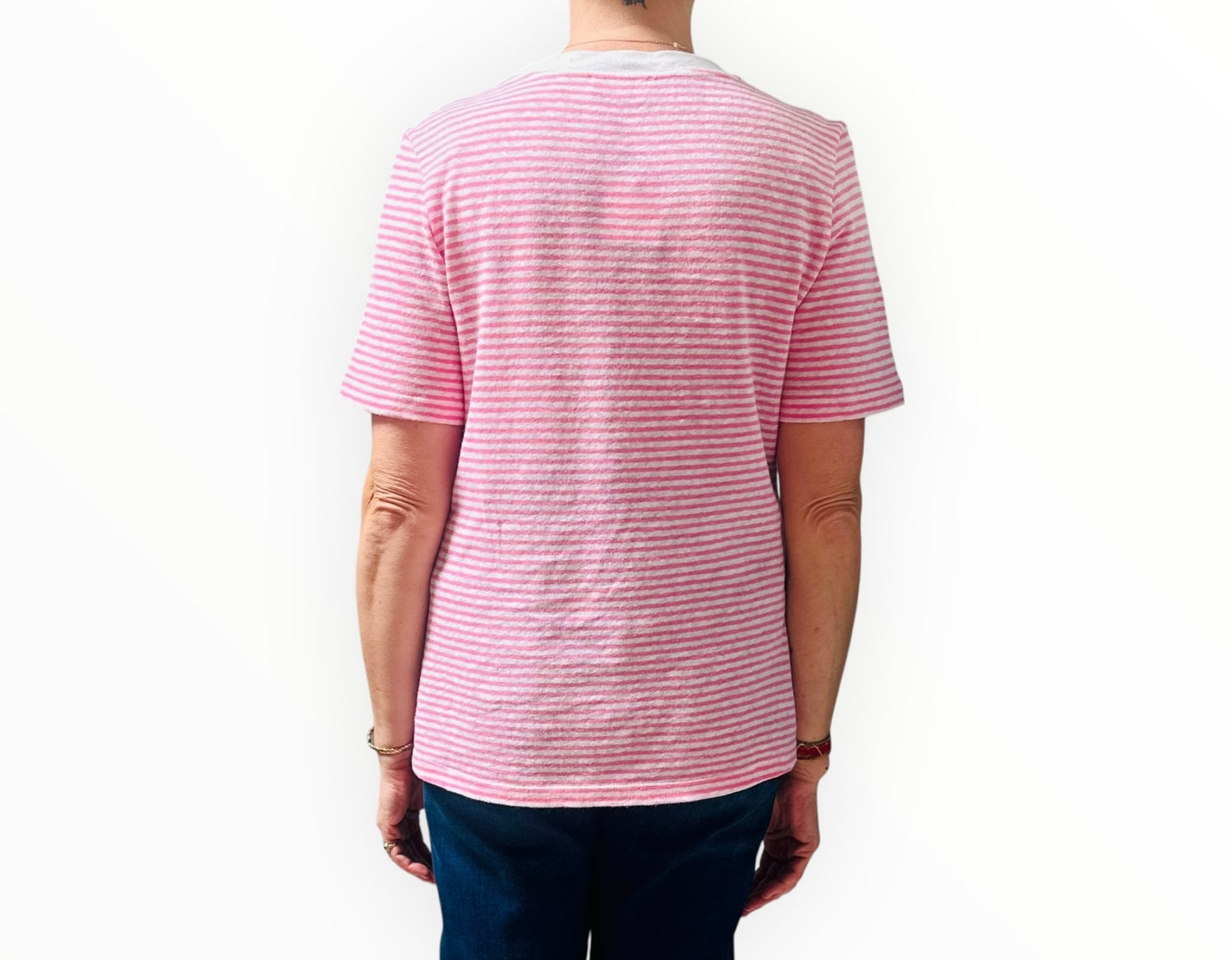Rich & Royal Linen/Cotton Tee - Pink Stripe - Size M
