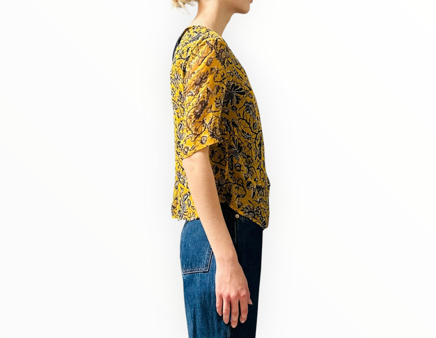 Isabel Marant Etoile Silk Sheer Sleeve Top - Yellow/Navy - Size 38