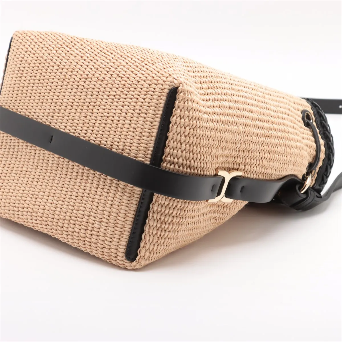 Chloe Marcie Leather-Trimmed Raffia Bucket Bag - Beige/Black - Size 24cmW 23cmH 16cmD