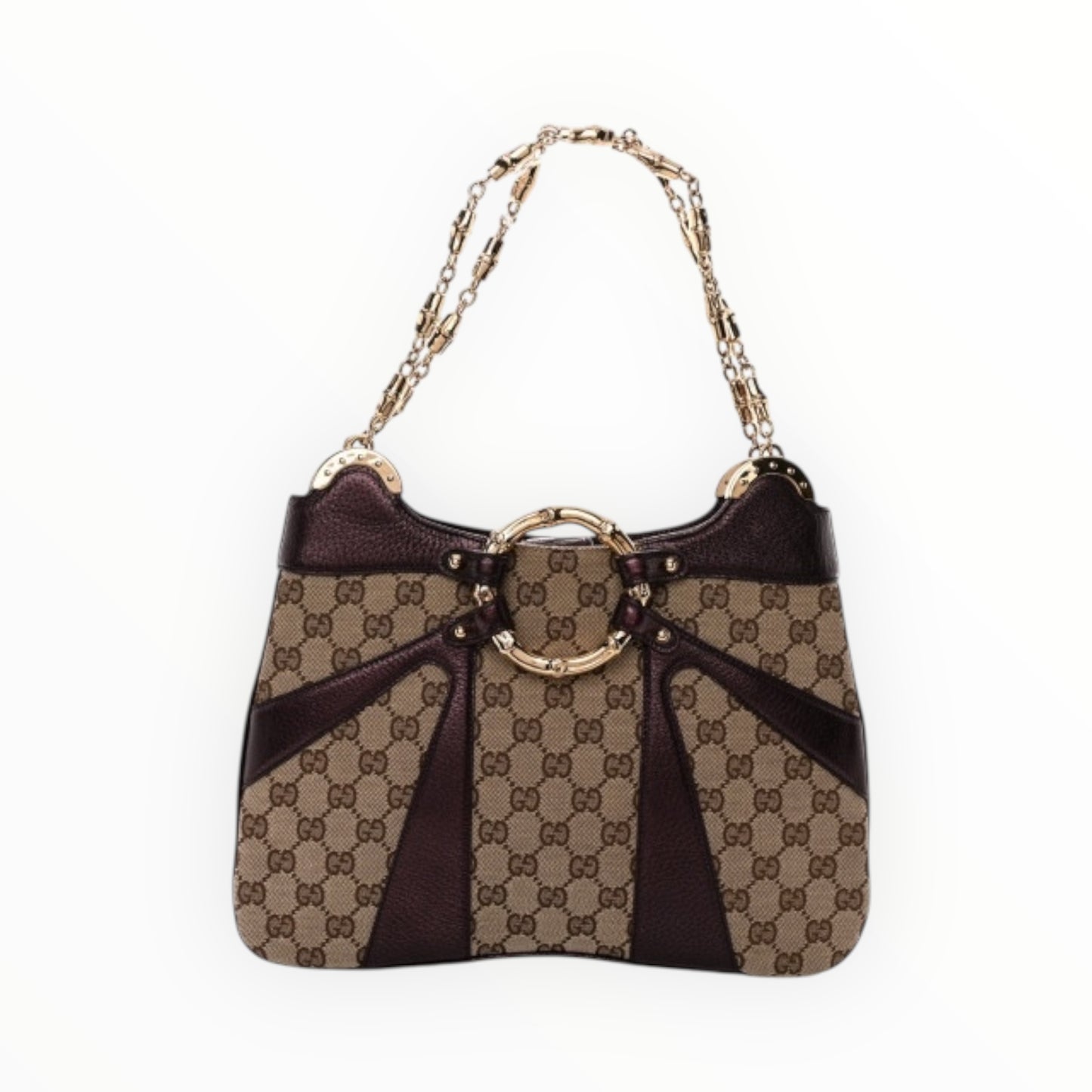 Gucci Bamboo Ring Chain Shoulder Bag - Beige - Size H22cm x W32cm x D7cm