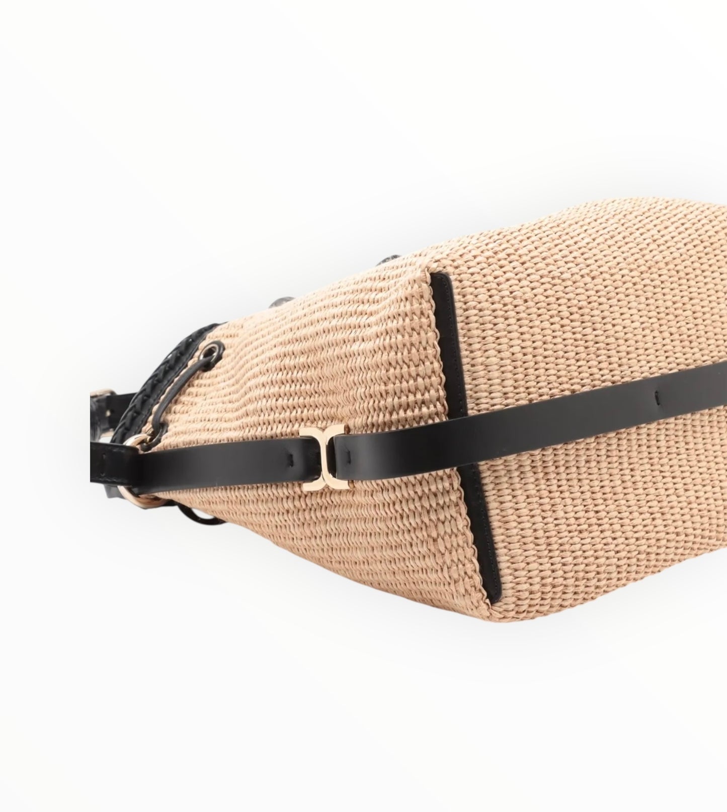 Chloe Marcie Leather-Trimmed Raffia Bucket Bag - Beige/Black - Size 24cmW 23cmH 16cmD