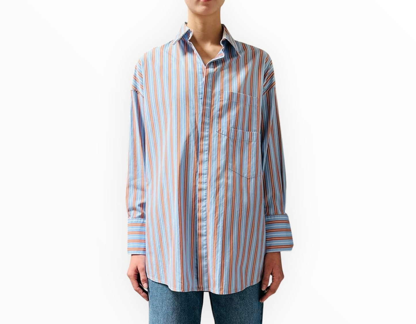 Bassike Double Pocket Shirt - Blue Stripe - Size 0