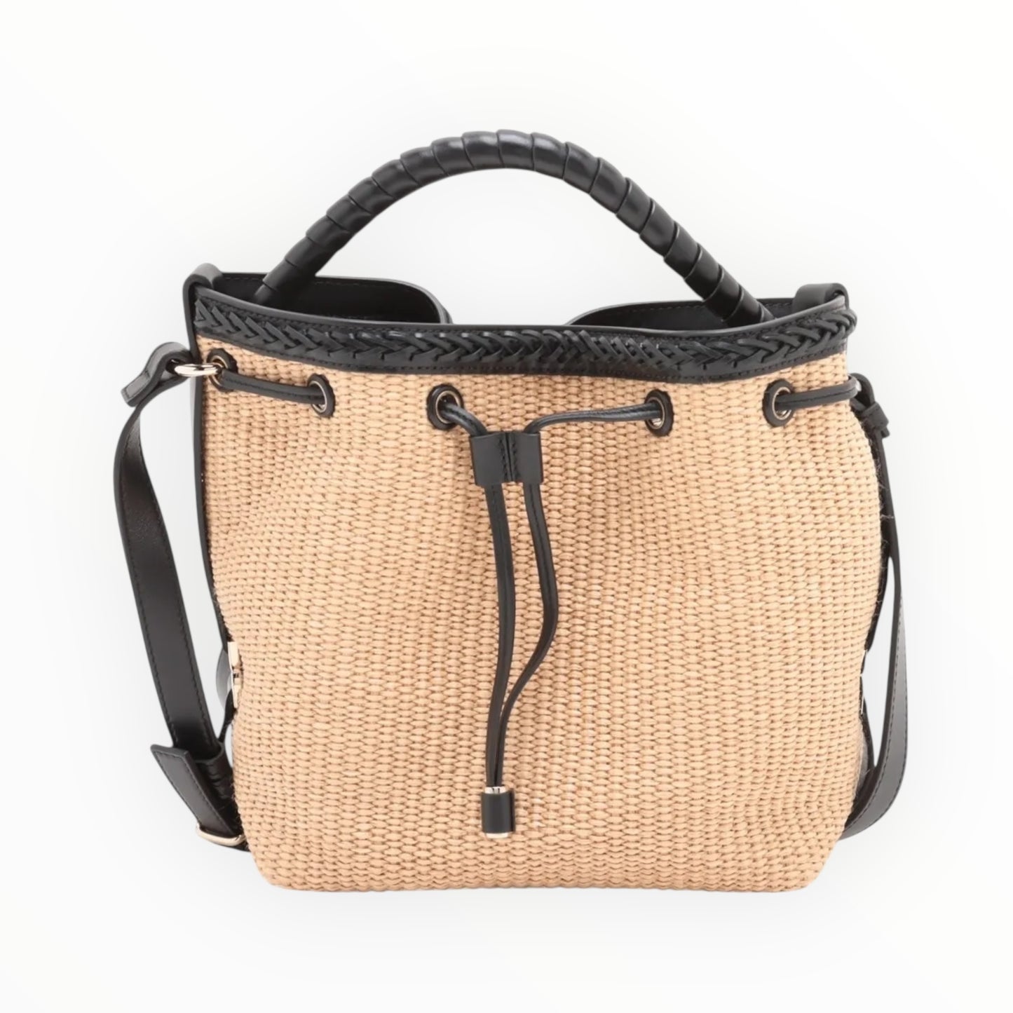 Chloe Marcie Leather-Trimmed Raffia Bucket Bag - Beige/Black - Size 24cmW 23cmH 16cmD