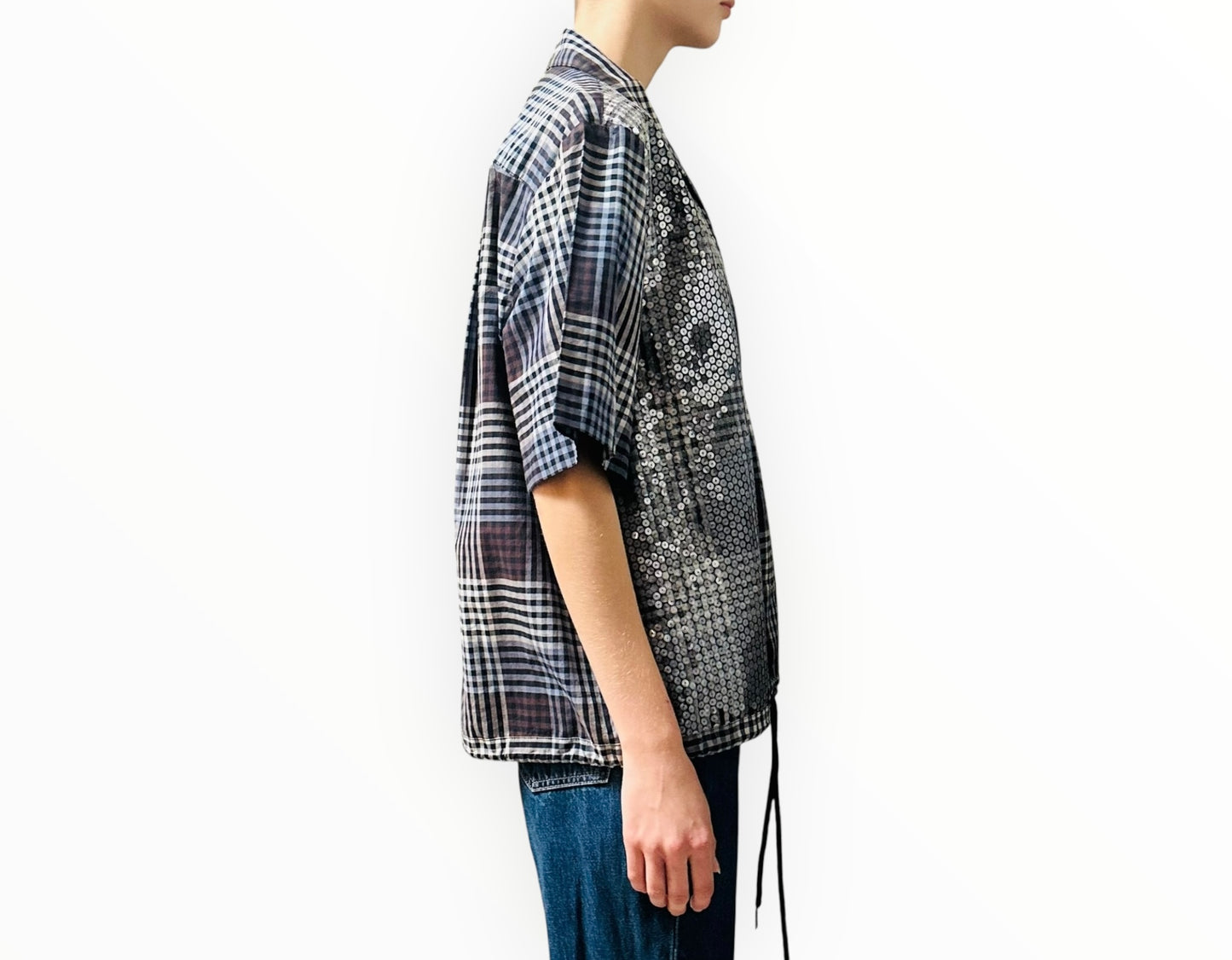 Lee Mathews Gingham Check Clear Sequin Drawstring Shirt - Black/Brown - Size 2