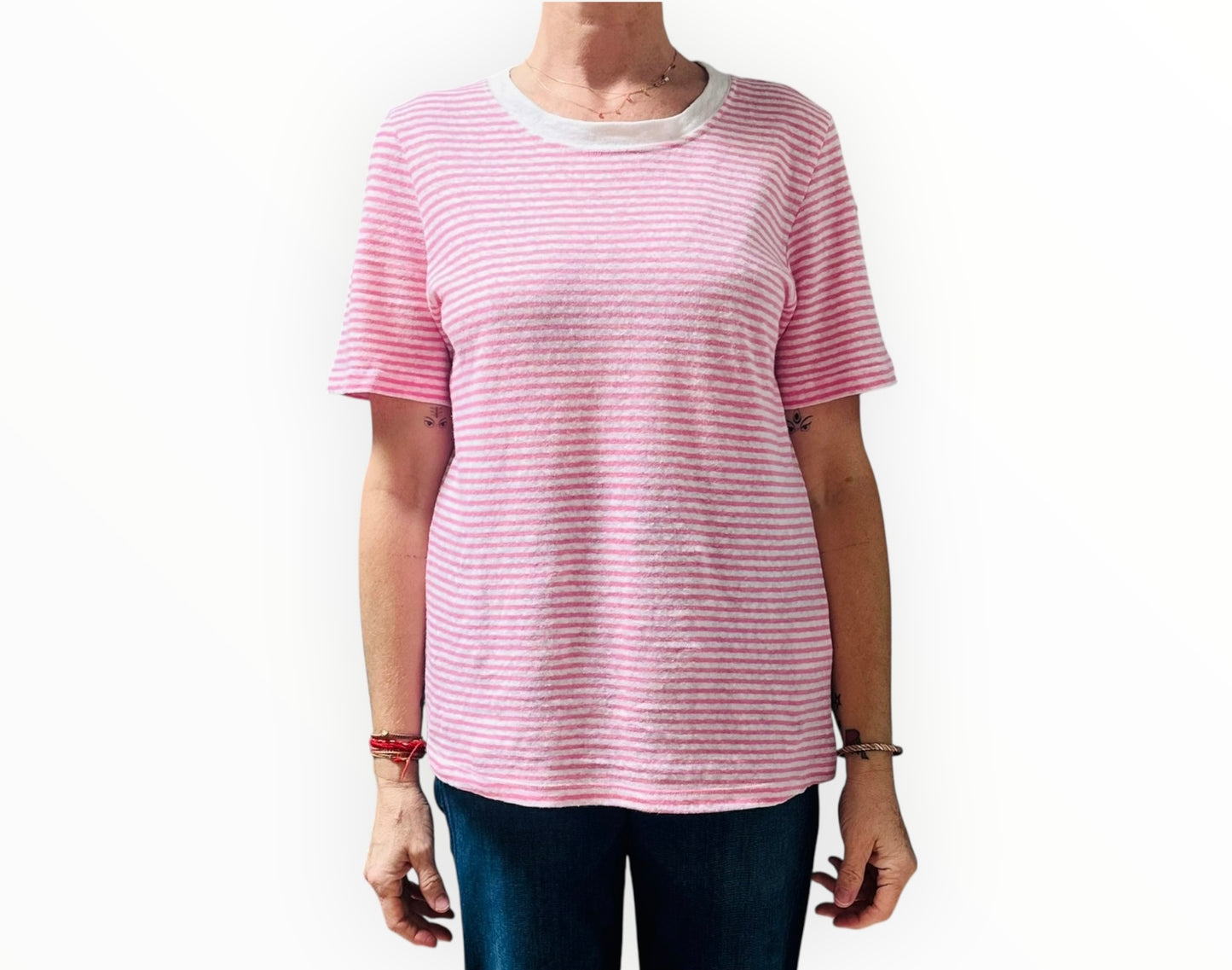 Rich & Royal Linen/Cotton Tee - Pink Stripe - Size M