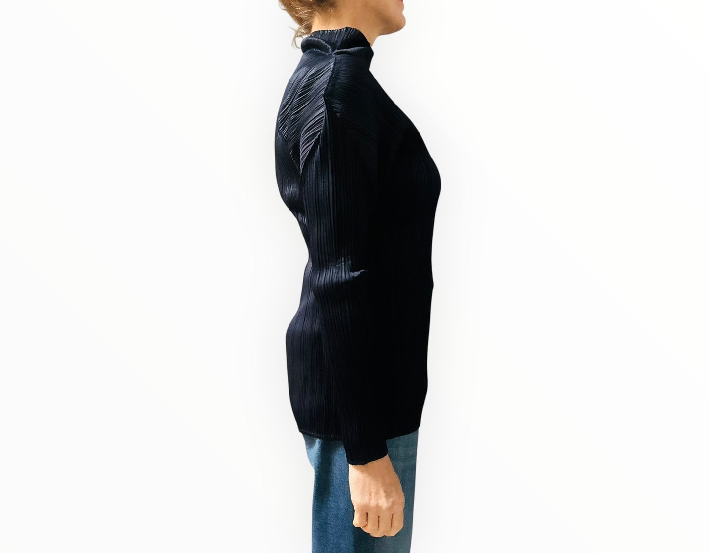 Issey Miyake Pleats Please High-Neck Long Sleeve Top - Navy - Size 3
