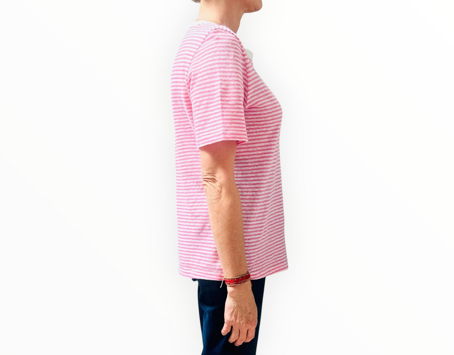 Rich & Royal Linen/Cotton Tee - Pink Stripe - Size M