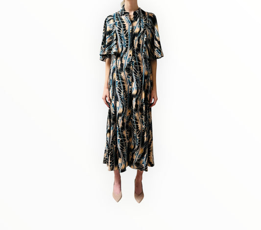 Ulla Johnson River Waves Button-Front Silk Dress - Black/Blue/Beige - Size Au10