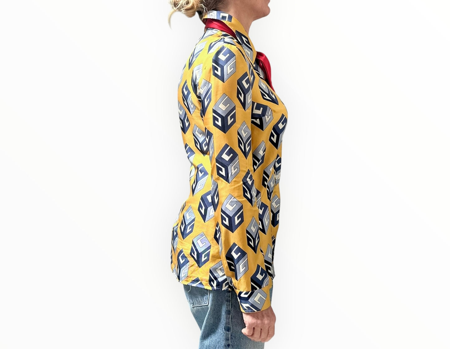 Gucci Cube Print Silk Shirt - Yellow/Blue - Size 42