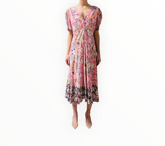 Saloni Floral Silk Dress- Pink - Size AU10