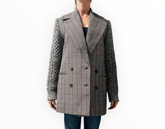 Stella McCartney Plaid Knit-Sleeve Oversized Pea Coat - Brown - Size 36
