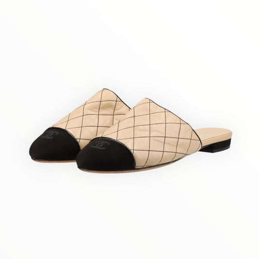 Chanel Quilted Slides - Black/Beige - Size 37