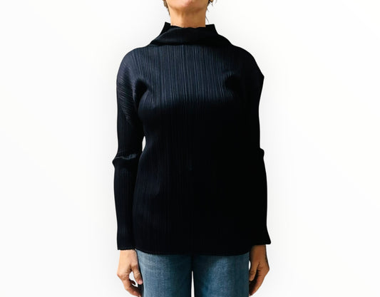 Issey Miyake Pleats Please High-Neck Long Sleeve Top - Navy - Size 3