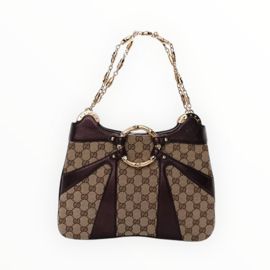 Gucci Bamboo Ring Chain Shoulder Bag - Beige - Size H22cm x W32cm x D7cm