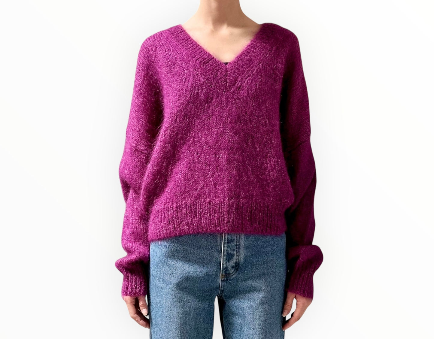 Bassike Cropped Mohair V-Neck Knit -  Dark Fuchsia - Size 1