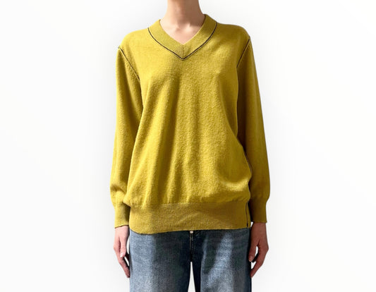 Jac + Jack Contrast Stitch V-Neck Sweater - Chartreuse - Size S