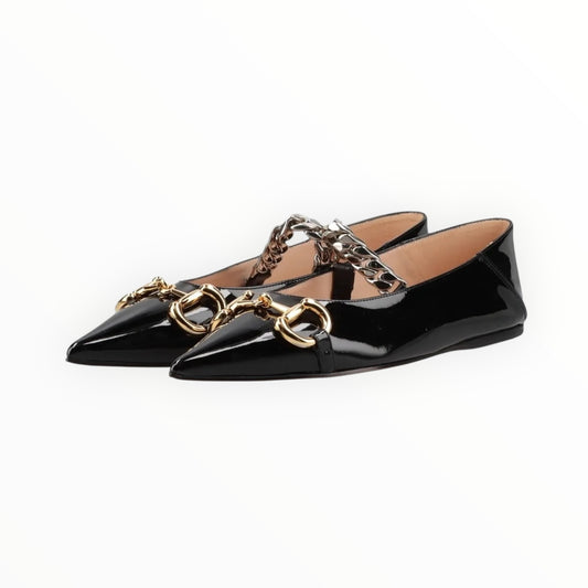 Gucci Horsebit Leather & Chain Ballet Flats - Black - Size 37
