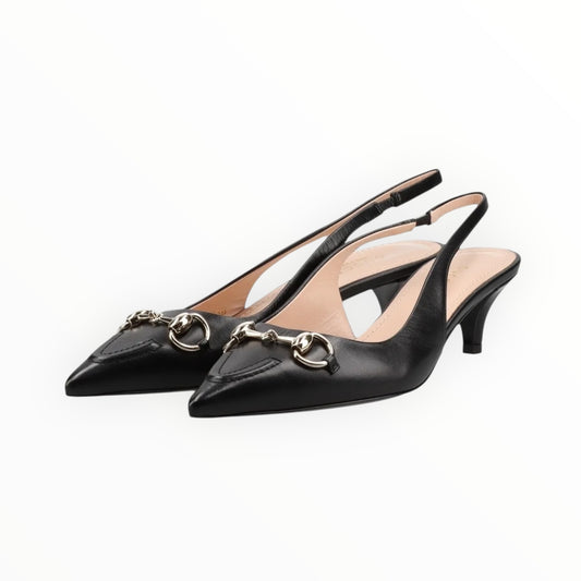 Gucci Horse Bit Kitten Heel Slingback Pumps - Black - Size 37