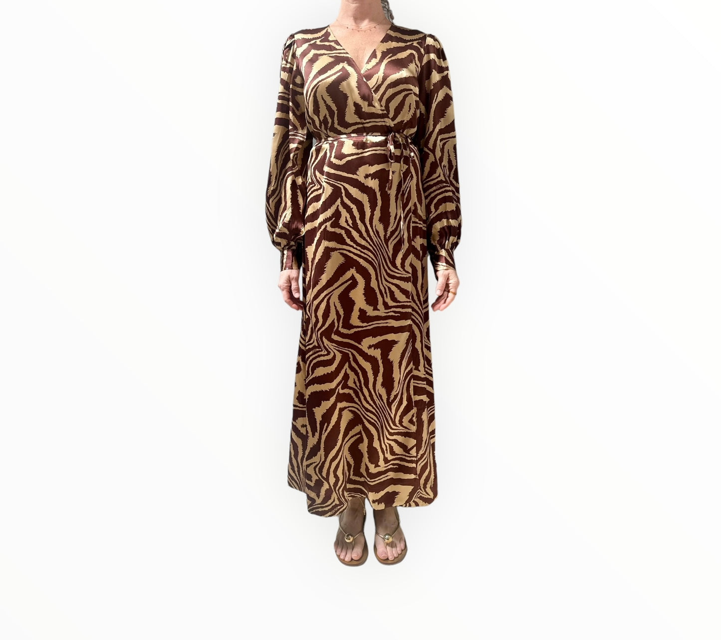 Ganni Stretch Satin Wrap Dress - Brown/Beige - Size 40