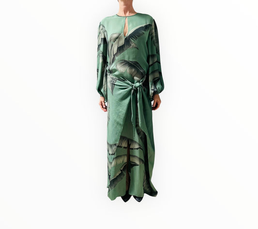 Johanna Ortiz Spirit Aloha Silk Maxi Dress - Dark Sage - Size 8