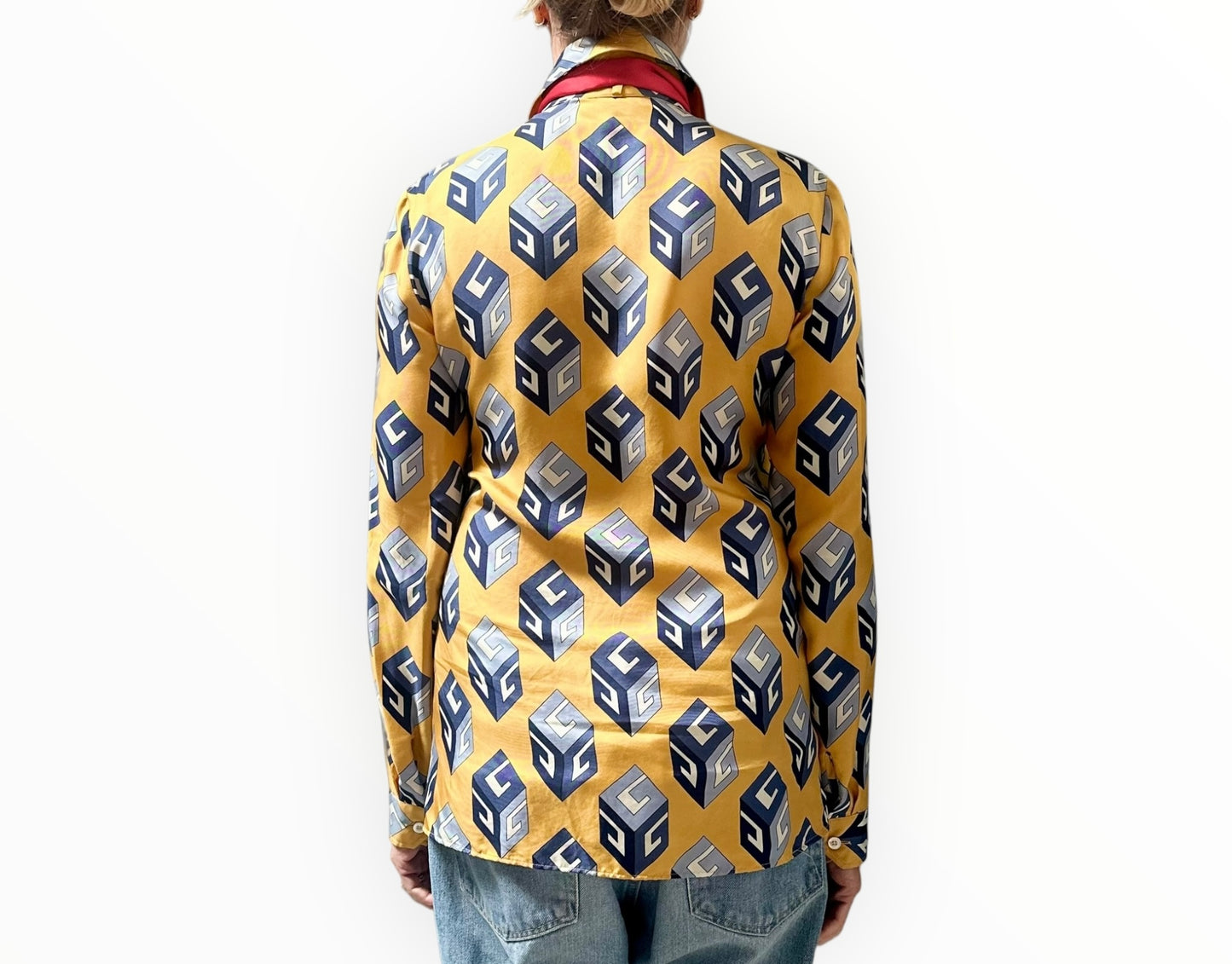 Gucci Cube Print Silk Shirt - Yellow/Blue - Size 42