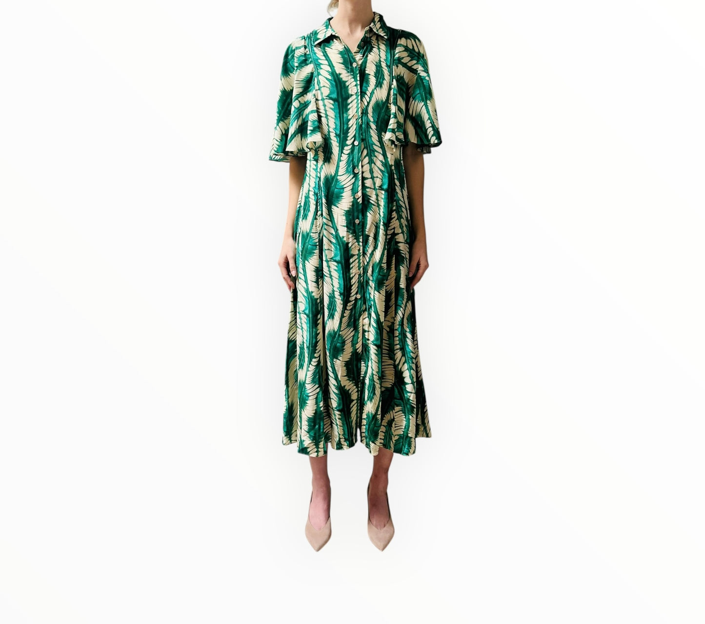 Ulla Johnson Acacia Button-Front Silk Dress - Green/Beige - Size AU8)