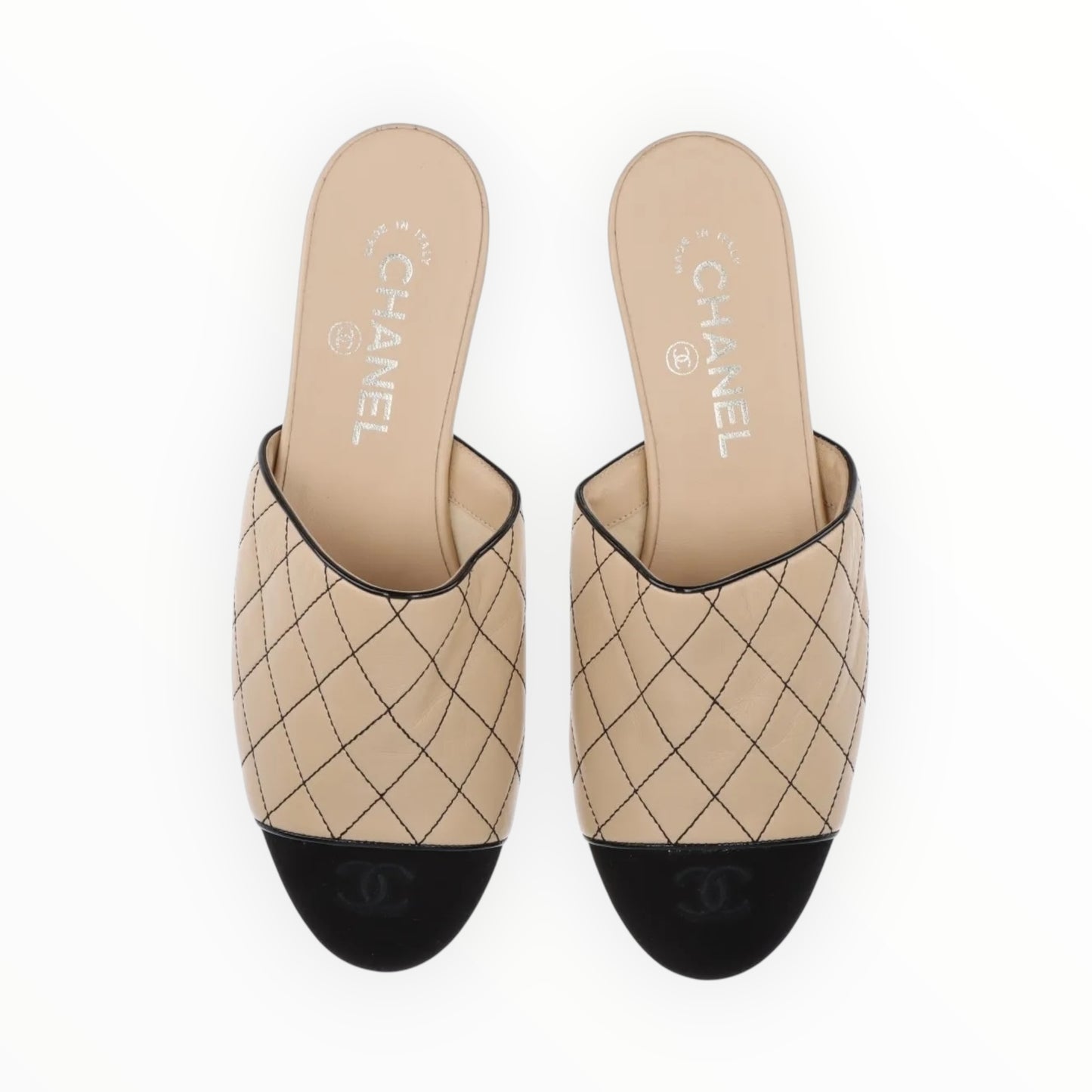 Chanel Quilted Slides - Black/Beige - Size 37