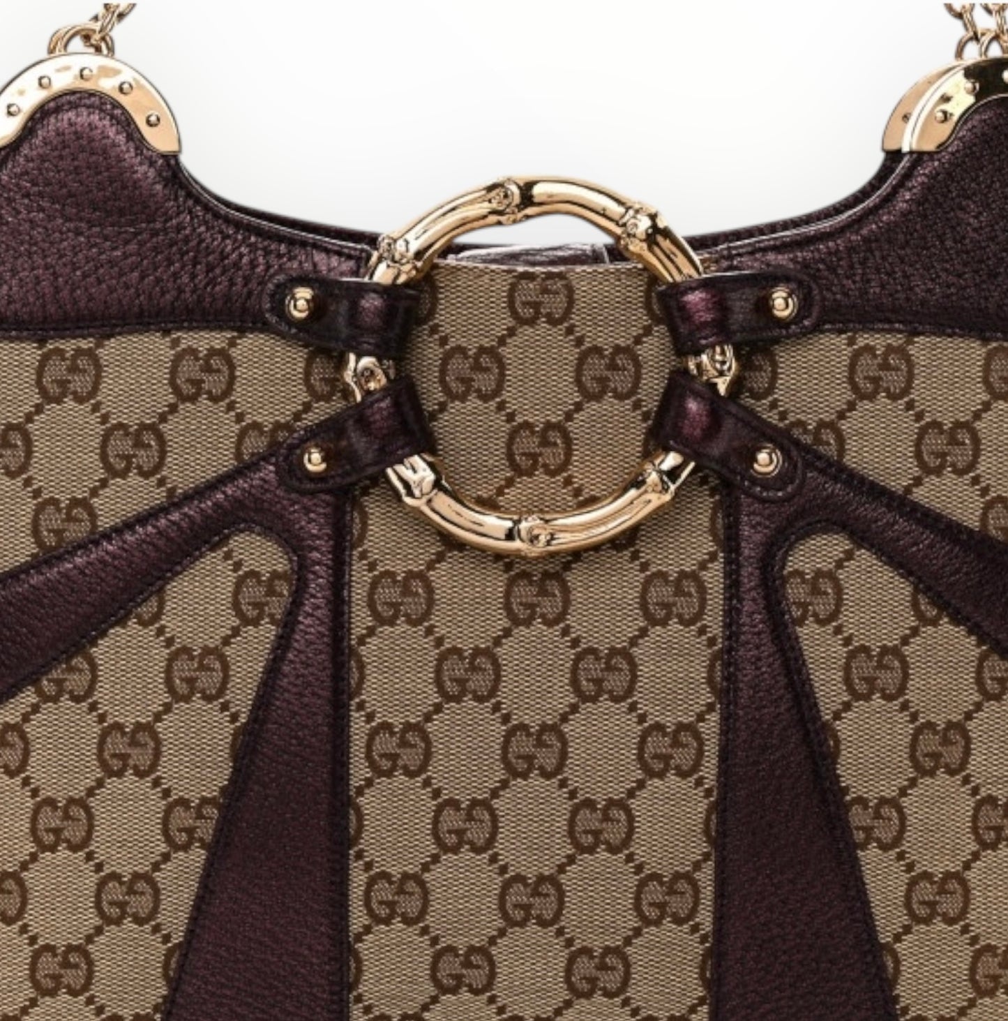 Gucci Bamboo Ring Chain Shoulder Bag - Beige - Size H22cm x W32cm x D7cm