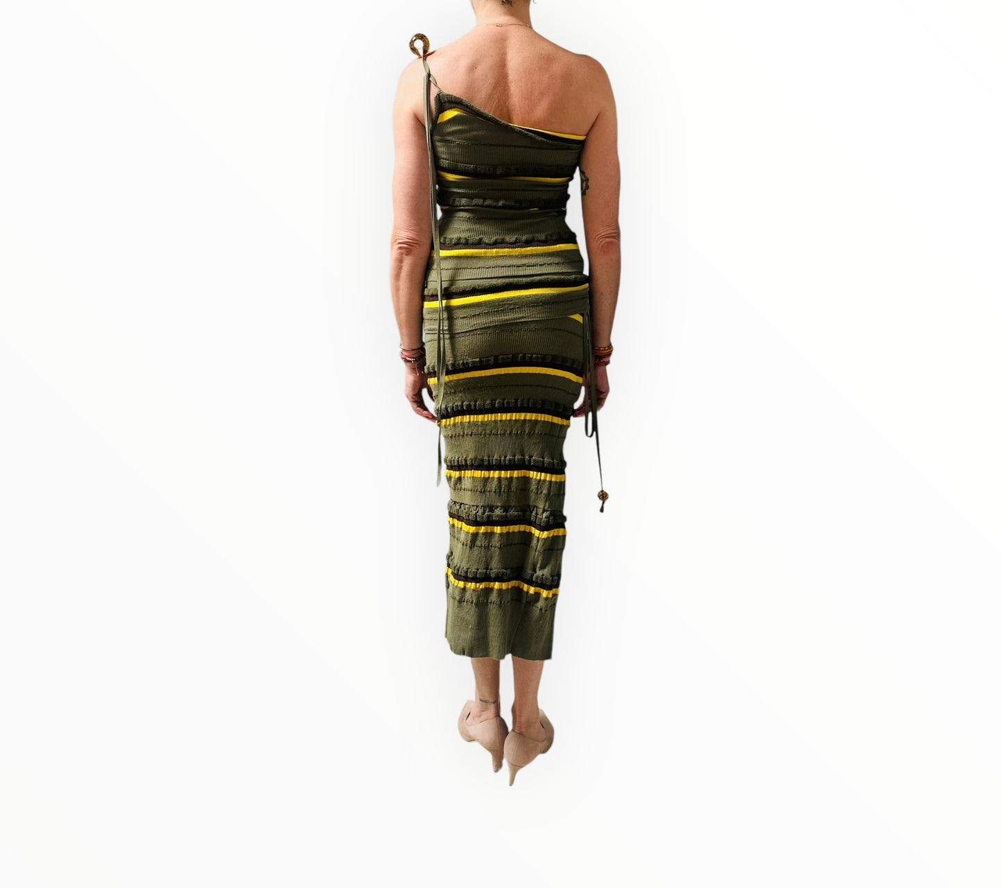 Jacquemas Concha Cut-out Striped Seersucker Midi Skirt + Top - Khaki/Yellow - Size 38