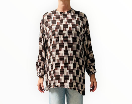 Marni Geometric Print Tie Neck Shirt - Cream/Black/Brown - Size 40