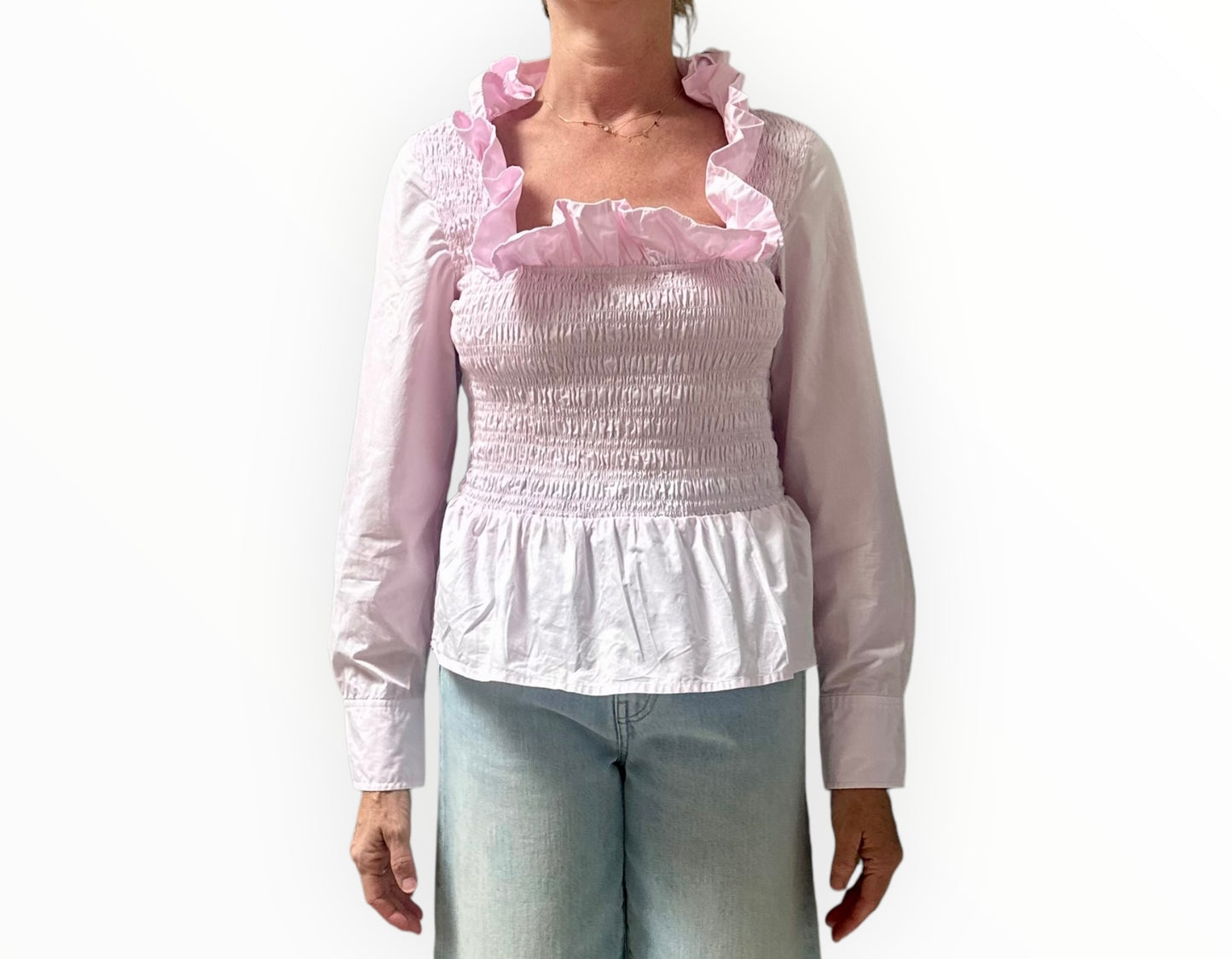 Ganni Ruffle-Trim Shirred Top - Pink - Size 36