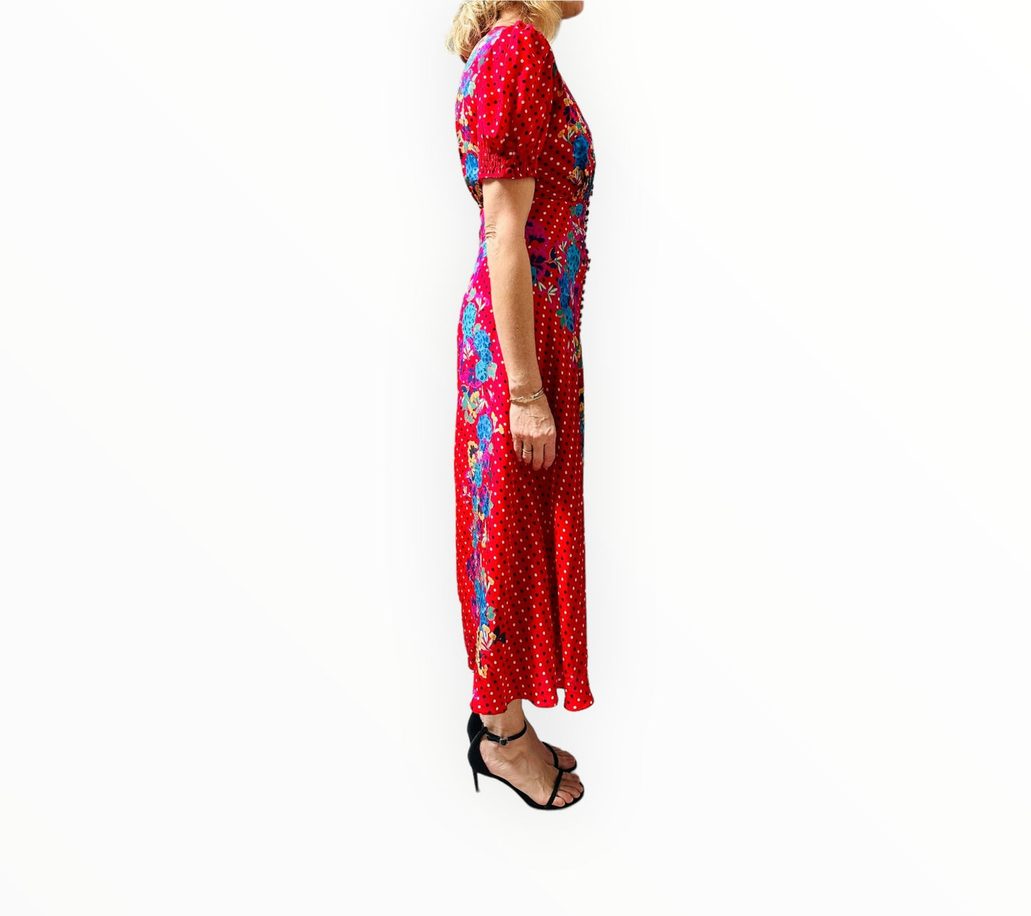 Saloni Polka Dot  Floral Silk Dress- Red- Size 6