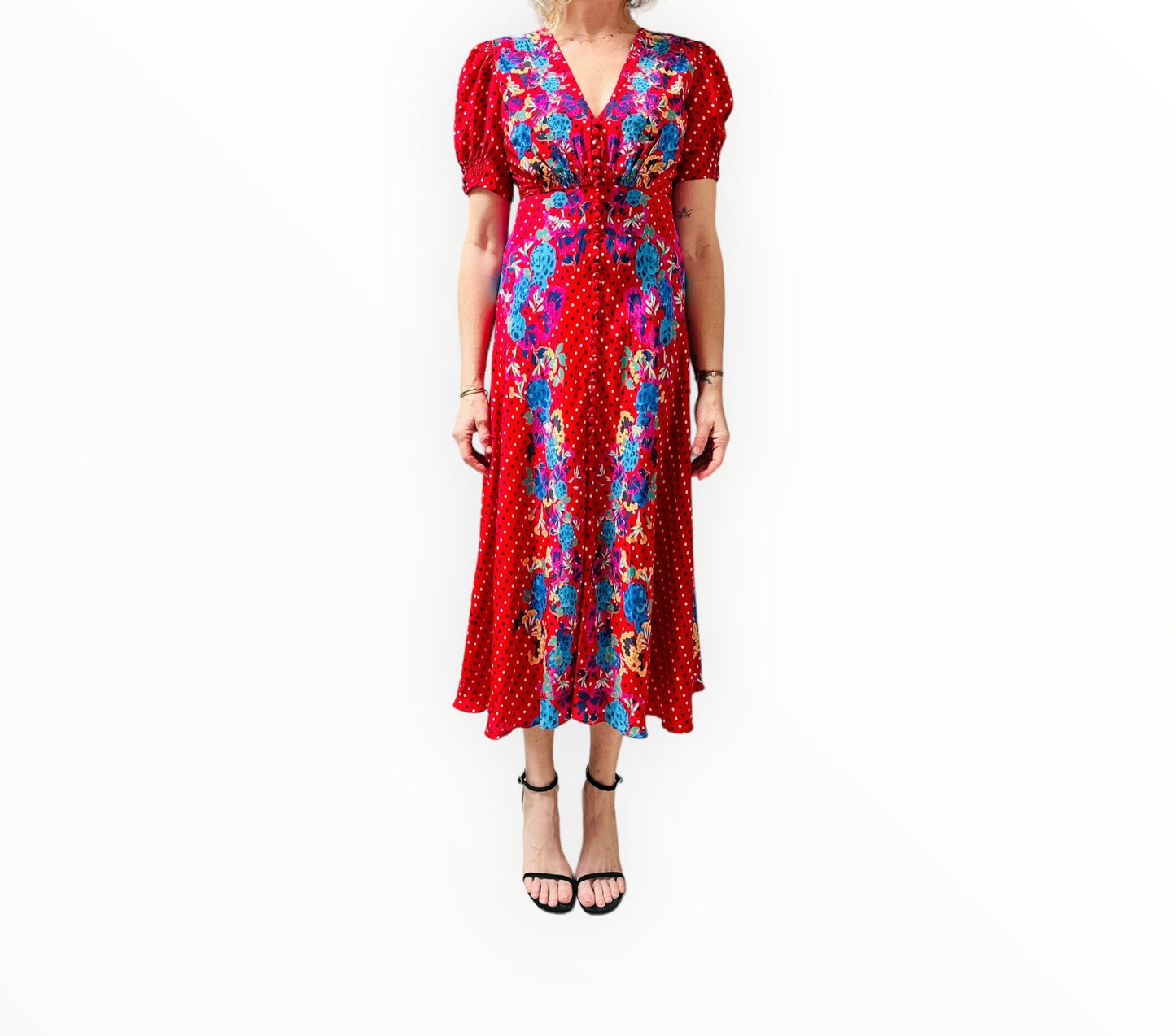 Saloni Polka Dot  Floral Silk Dress- Red- Size 6