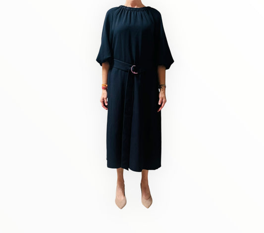 Tibi Crewneck Puff Sleeve Dress with Belt - Navy - Size 8