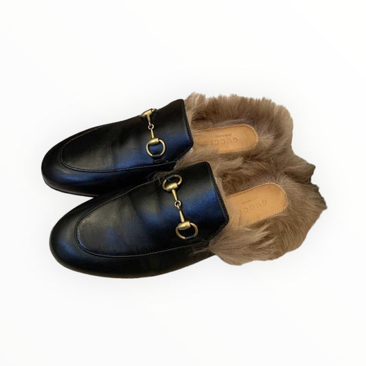 Gucci Princetown Fur Slides- Black - Size 38