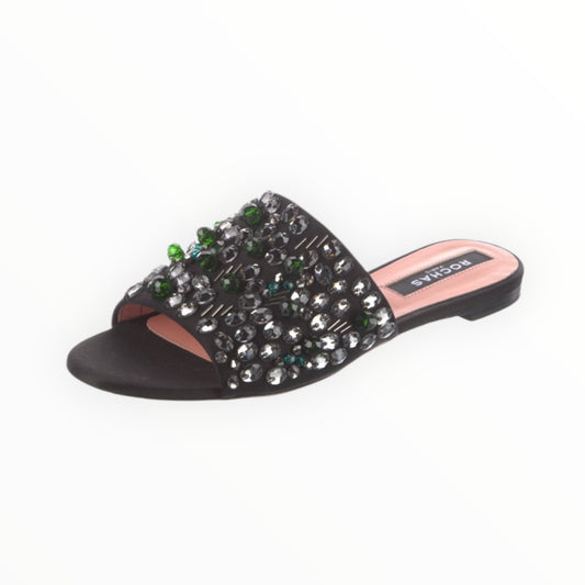 Rochas Satin Crystal Embellished Slides - Black - Size 41