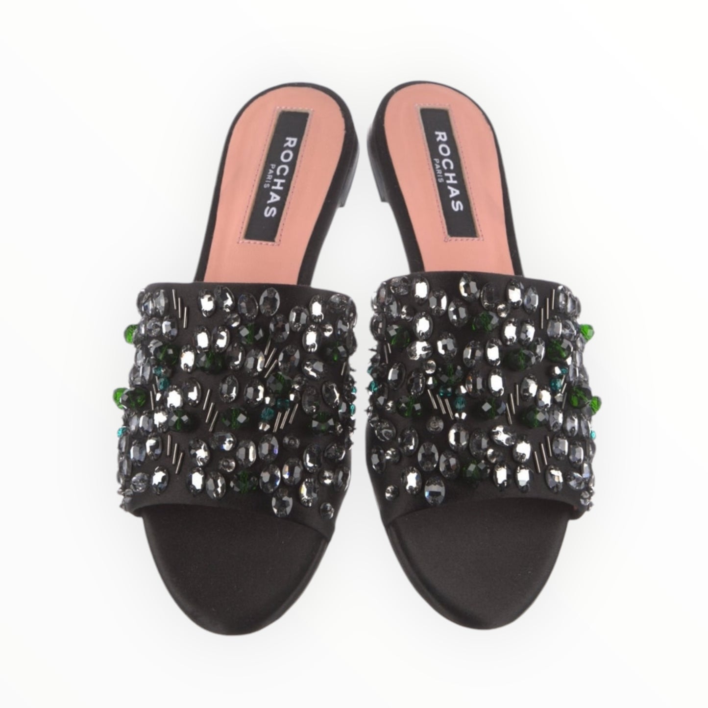 Rochas Satin Crystal Embellished Slides - Black - Size 41