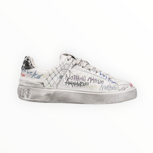 Balmain Graffiti Printed B-Court Sneakers - White - Size 41