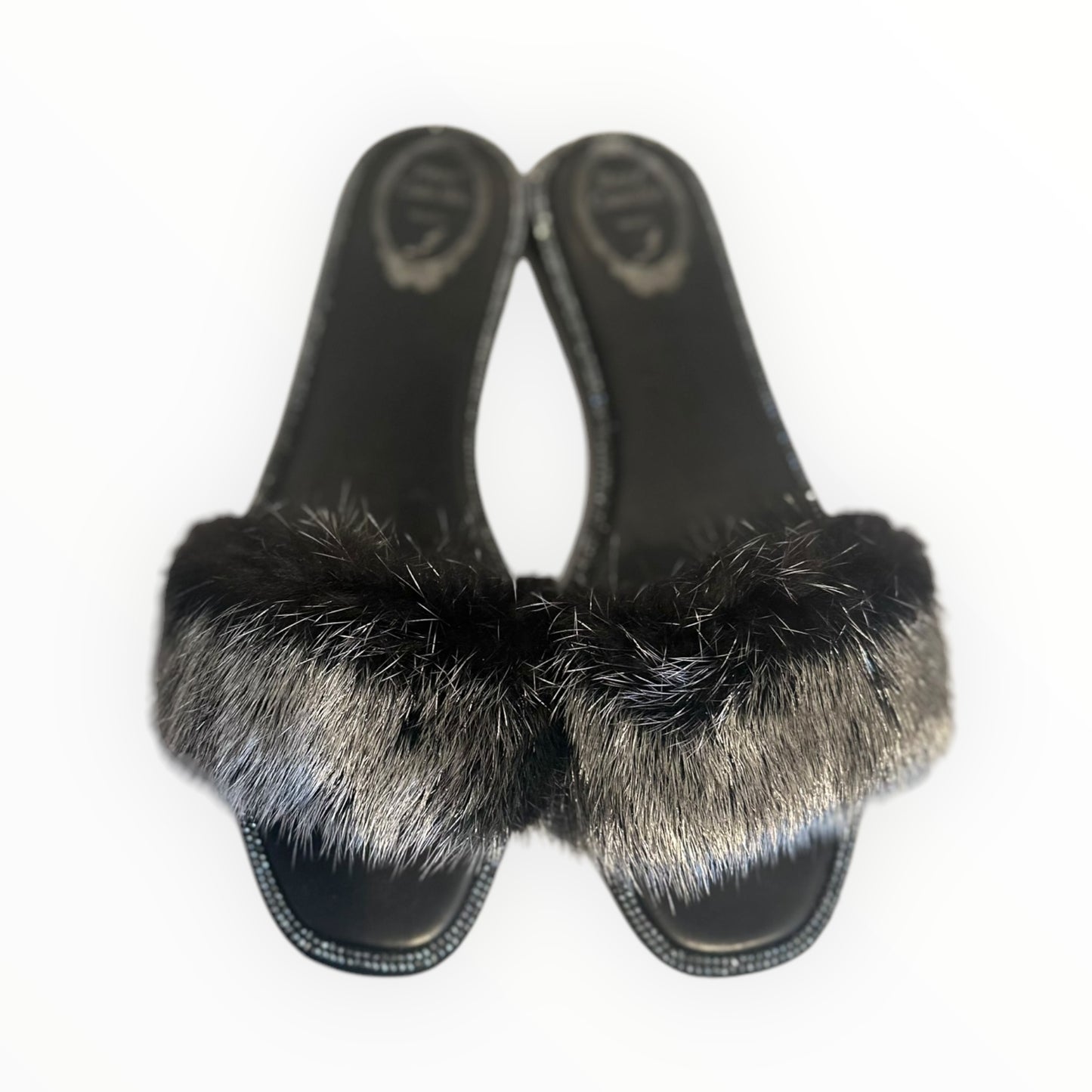 Rene Caovilla Faux Fur Slides -Black/Silver - Size 41