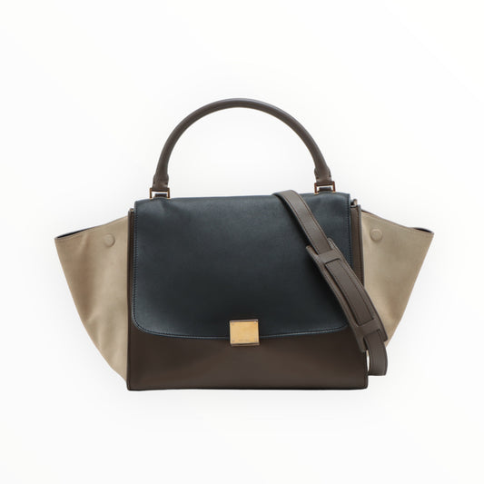 Celine Tricolour Trapeze Bag - Black/Khaki/Cream - Size W30cm x H23cm x D12cm