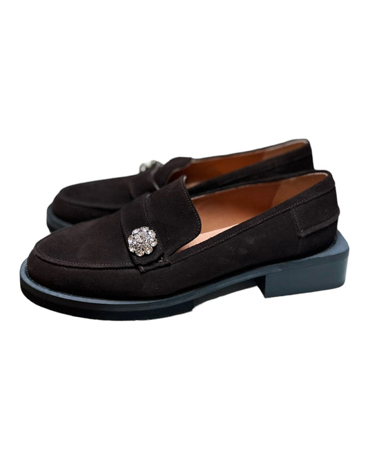 Ganni Suede Jewel Moccasin Loafers - Chocolate - Size 39