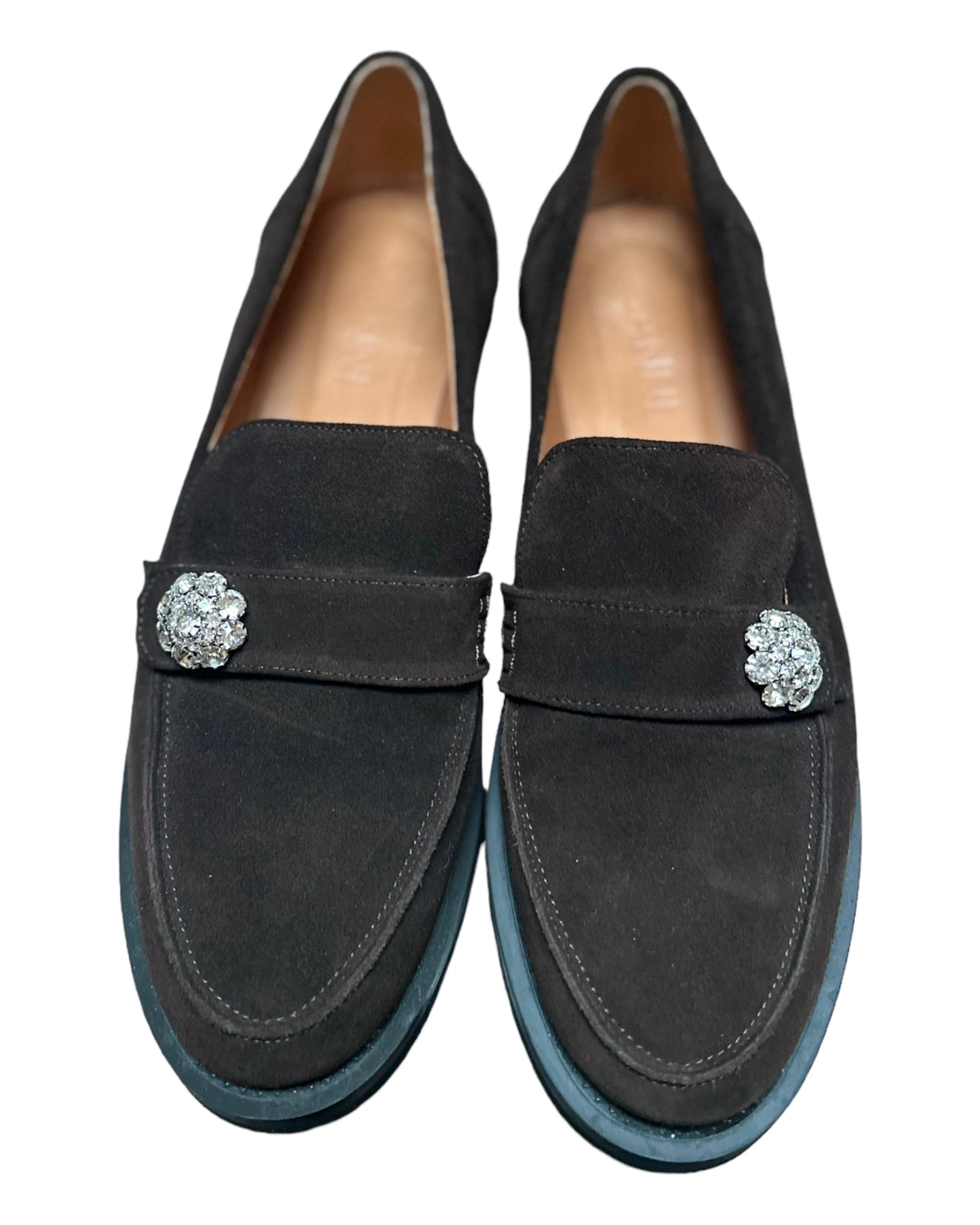 Ganni Suede Jewel Moccasin Loafers - Chocolate - Size 39