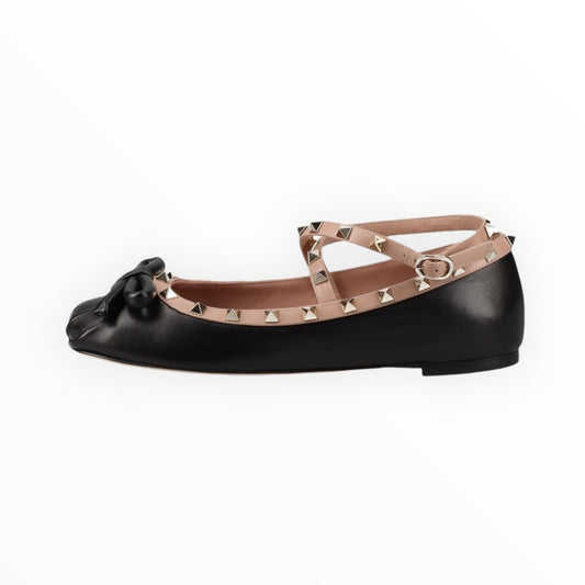 Valentino Rockstud Ballerina Flats - Black/Blush - Size 39